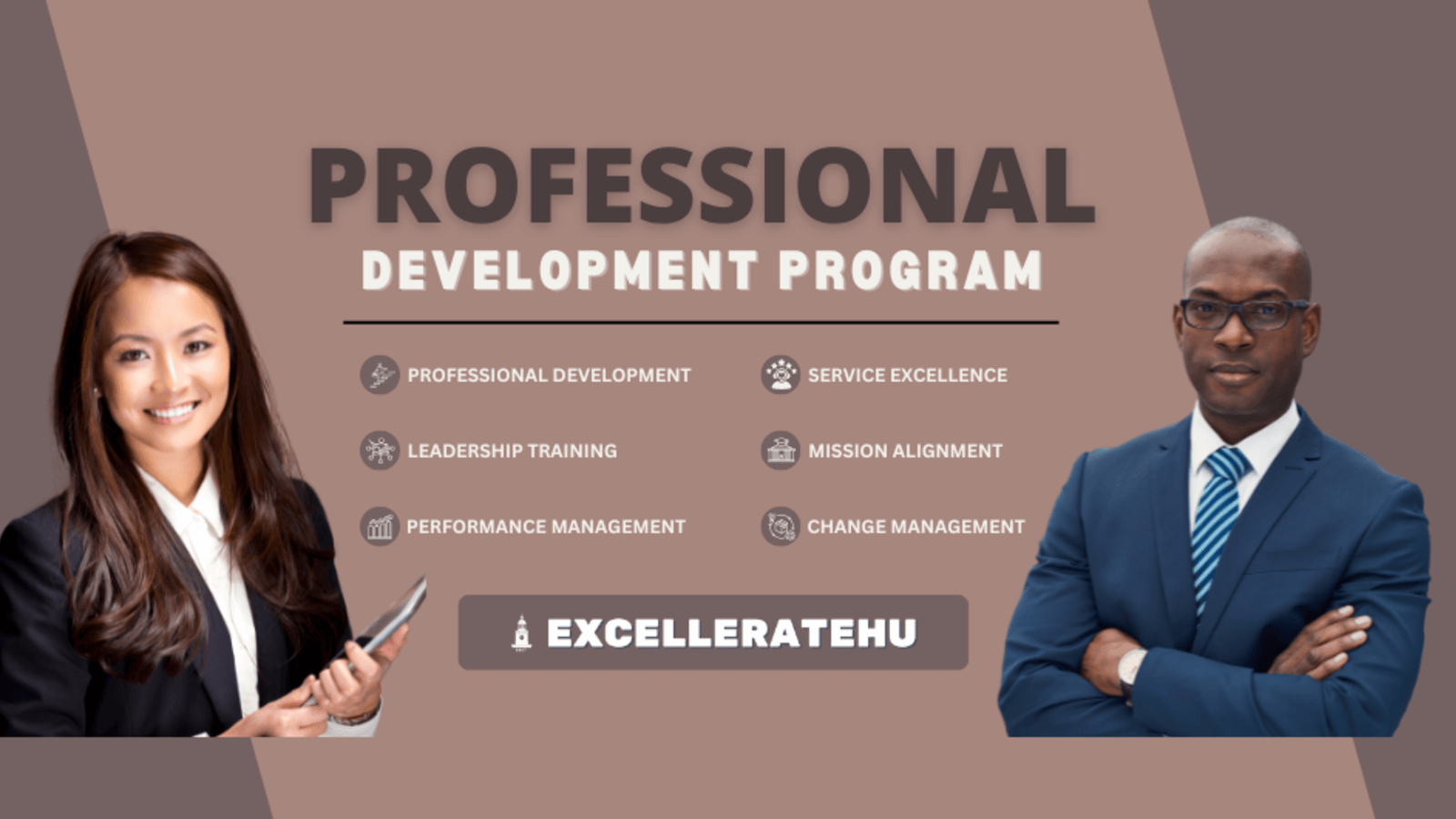 Two managers posing. Excellerate promotional banner.